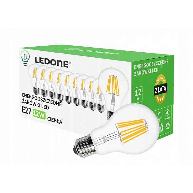 10x Led filamentová žárovka E27 A60 12W bílá Teplá retro Clear Led sada