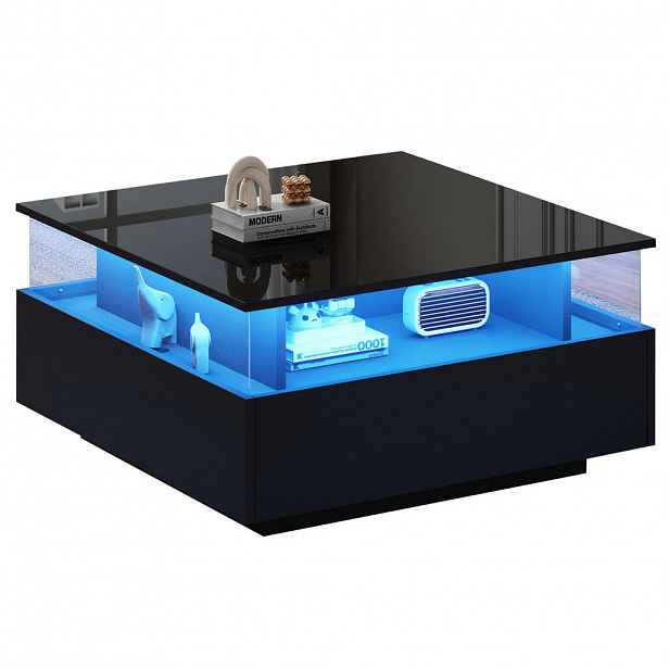 OKWISH KONFERENČNÍ stolek 70/70/41 cm černý ze dřevotřísky s LED osvětlením a 2 zásuvkami