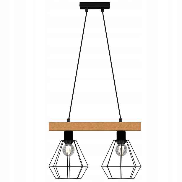 Závěsná lampa dřevěná lišta 46 cm, dvě drátěné dvojité stínítka Luminex