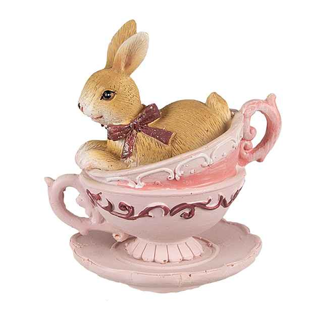 Dekorace socha králík v růžových šálcích - 9*7*9 cm Clayre & Eef