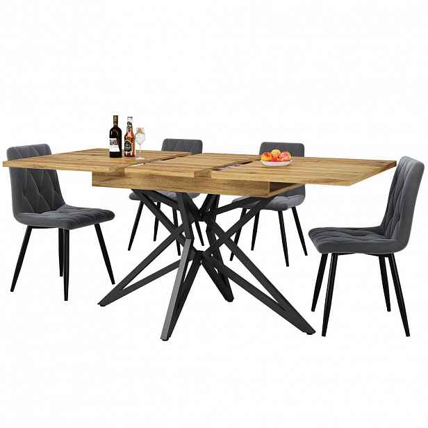 FLIEKS JÍDELNÍ SET Rozkládací 120-160cm 4 Šedé sametové židle