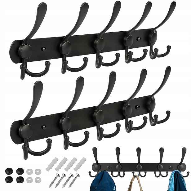Nástěnný věšák na oblečení do předsíně, černý, kovový, styl Loft, 41 cm, 2 ks