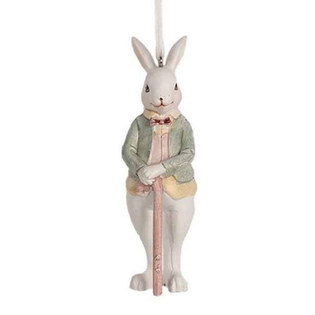 Závěsná ozdobná dekorace králík v saku s holí - 4*4*10 cm Clayre & Eef