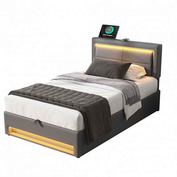 Modenvie ČALOUNĚNÁ postel 90/200 cm z PU šedá, s LED, USB nabíjením a úložným prostorem
