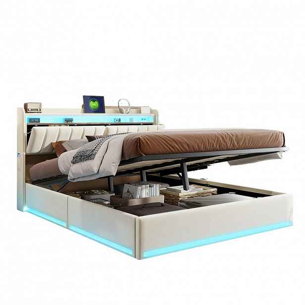 SHOPENTRA ČALOUNĚNÁ postel 140x200 cm béžová sametová LED úložná krabice s USB