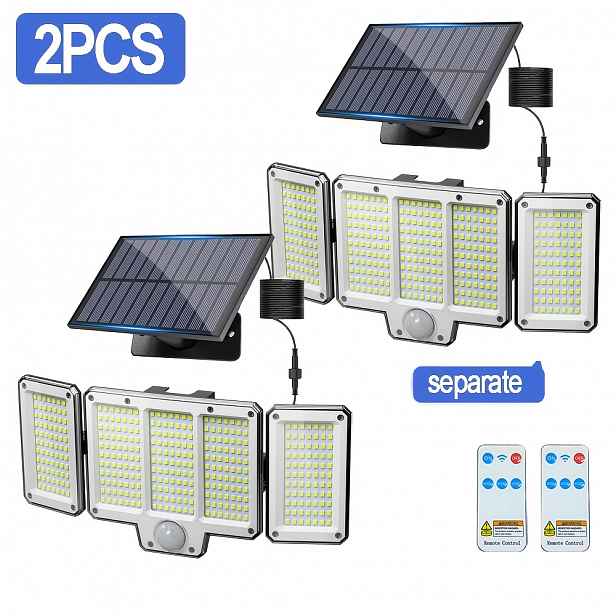 TEMU 2ks Venkovní solární světlo s pohybovým čidlem, 385 LED solární nástěnné světlo s dálkovým ovládáním, 5m kabel, dělené solární bezpečnostní