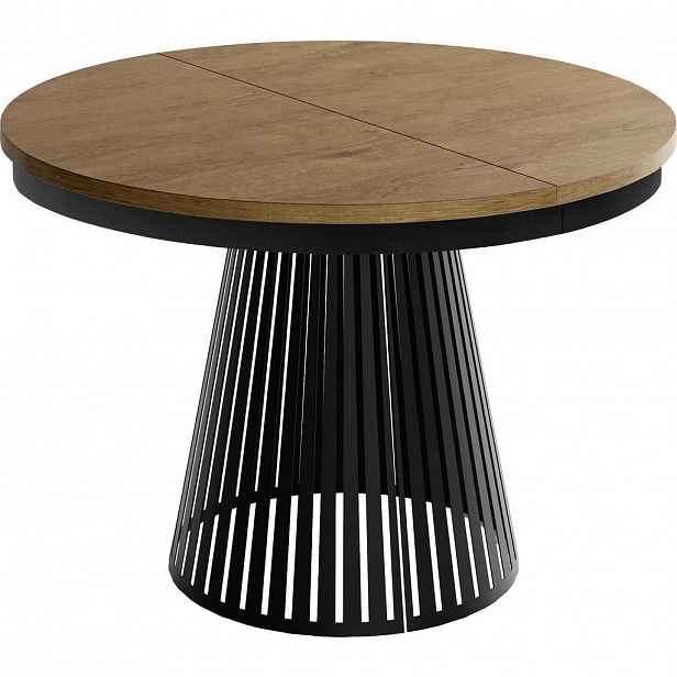 WFL GROUP JÍDELNÍ STŮL Naro Kulatý Rozkládací Industriální s Černou Lamelovou Podnoží, Dub Lefkas Hnědý Rustikální 100-176/100/76 cm