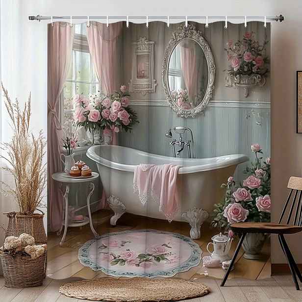 TEMU 2D plochá, sprchová/vanová závěs 1 ks Vintage koupelnová sprchová závěs s drápovou vanou, růžové růže, modré obklady, koupelnová dekorace, háčky