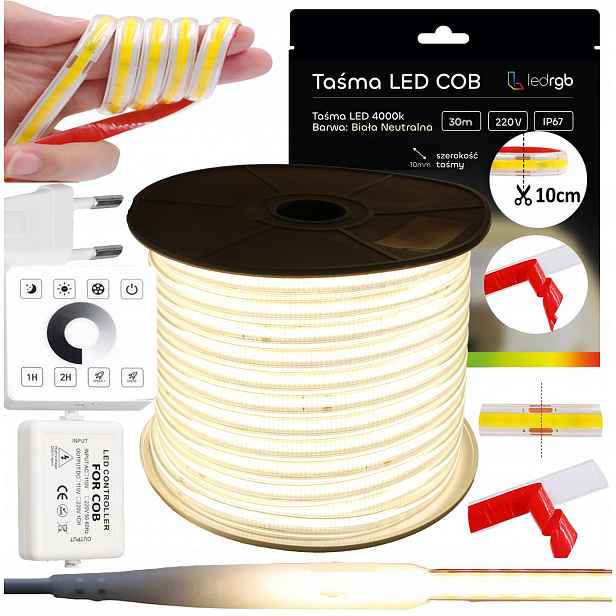 Set Led Pásek Cob 30 m 230V Bílý Neutrální 4000K 10CM Řezání Dálkový Ovladač Ster