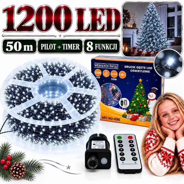 Vánoční Osvětlení Na Stromeček 1200 Led 50 M Studené Bílé Drátek Pilot Časovač 8 Režimů