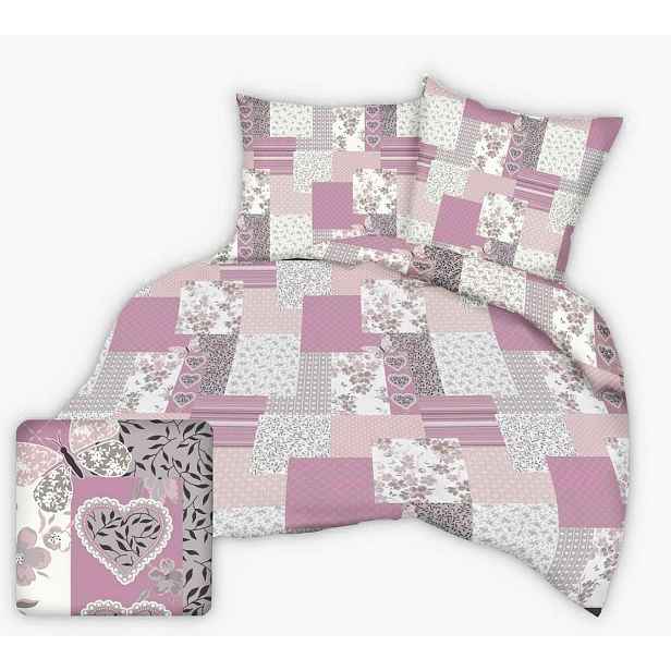 Povlečení bavlněné 160x200 růžový patchwork srdce motýli květiny