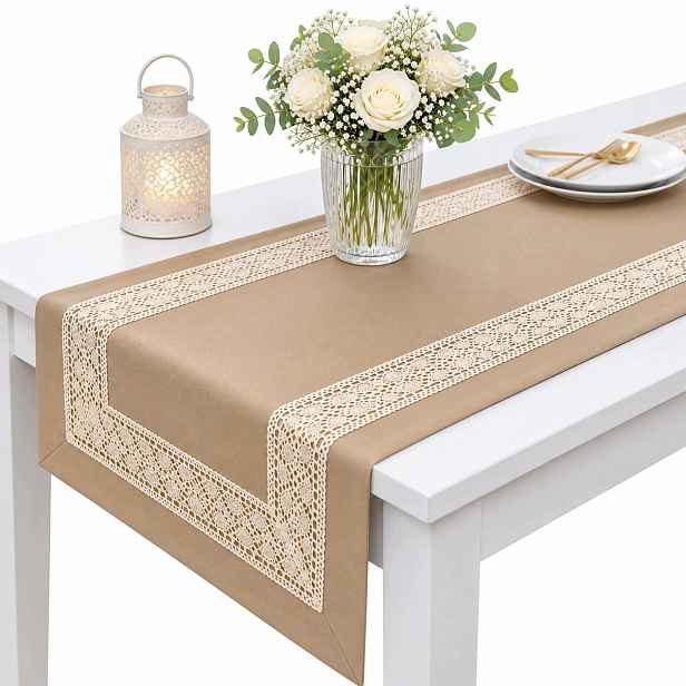 Běhoun na stůl s krajkou Sewilla 40x220 Cappuccino Plamovzdorný pás Hladký