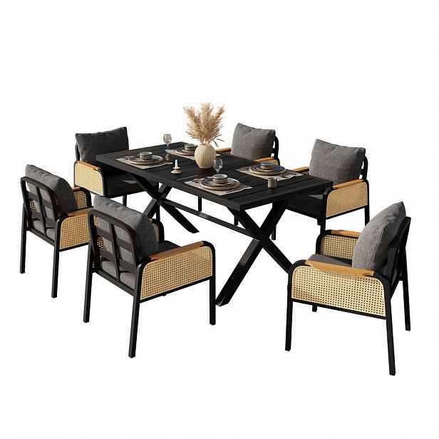 OKWISH ZAHRADNÍ jídelní set 148/80/75 cm černá/přírodní z kovu a polyesteru pro 6 osob s polstry