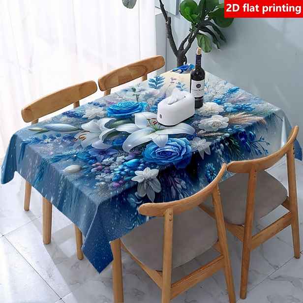 TEMU 2D Plochý Tisk, 1ks Ubrousek na Stůl s Modrými Růžemi, Bílými Květy a Vzory Ptáků, Odolný Polyesterový Ubrousek, Potisk Bílé Lilie a Modrého