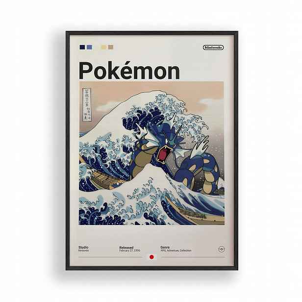 Obraz Pokémon Gyarados Vlna Japonsko Plakát Rámeček Dřevěný Černý 30x42 cm