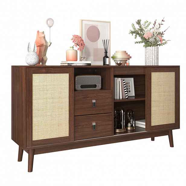 OKWISH BOČNÍ skříň 155/38/80 cm hnědá z MDF a dřevotřísky s ratanovými posuvnými dveřmi a zásuvkami