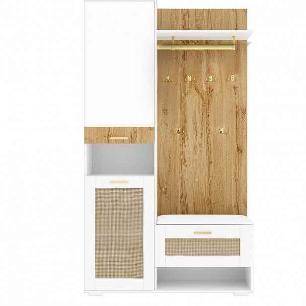 Urban Meuble PŘEDSÍŇOVÁ STĚNA 110 cm, bílá a dřevo, zrcadlo, ratan
