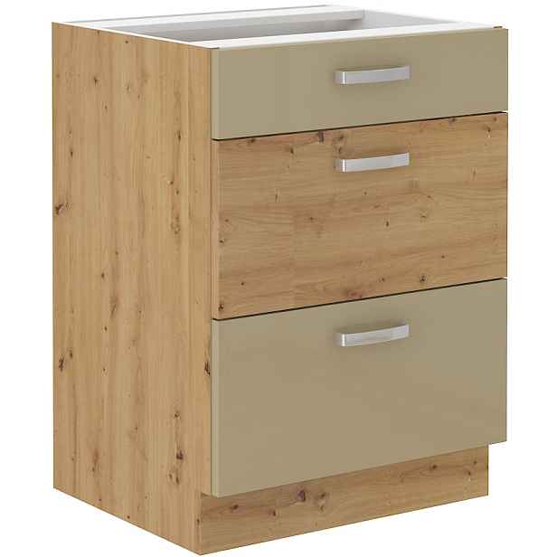 Spodní skříňka Artisan 60 D 3S BB - Premium Box Barva korpusu: Dub artisan, Barva dvířek: Cappucino lesk