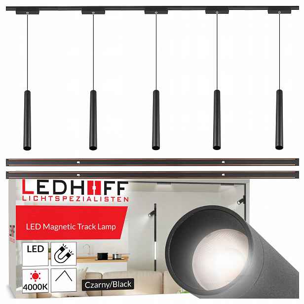Magnetické kolejnicové osvětlení Kolejnice 2m 5x Led závěsné svítidlo Tuba černé
