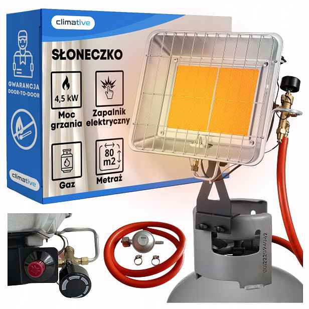 Plynový ohřívač "sluníčko" 4,5 kW s držákem na láhev, Piezo zapalování (bez sirek) a reduktorem
