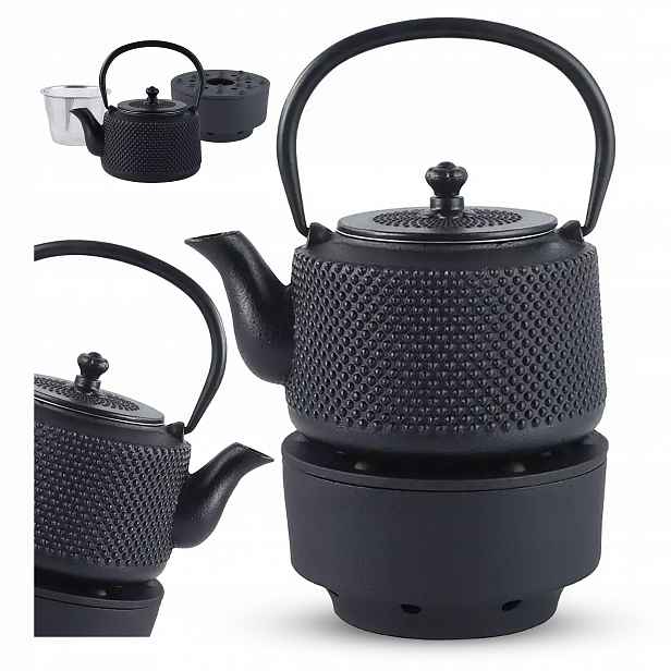 Litinový džbán 800 ml sítko na čaj, bylinky s filtrem a ohřívačem