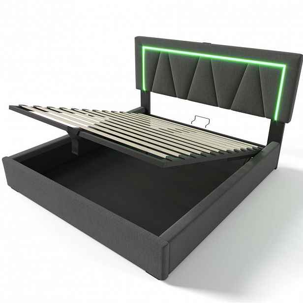 Redom ČALOUNĚNÁ postel 160/200 cm s LED osvětlením, USB a USB-C nabíjením, úložným prostorem a nastavitelným čelem, Šedá