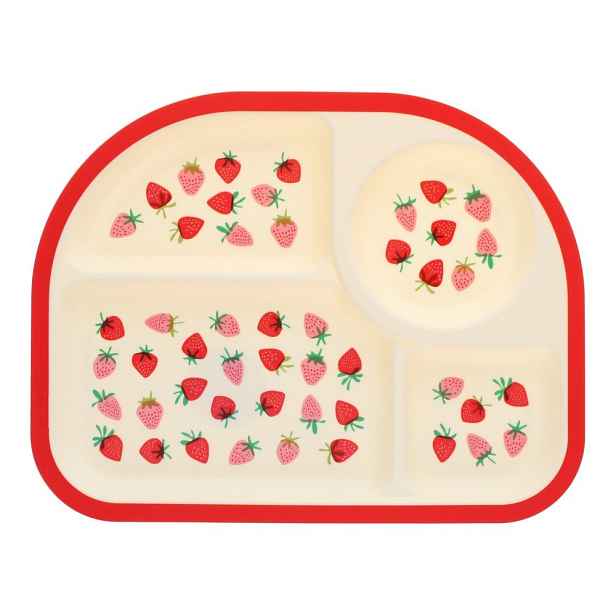 Červený/béžový plastový dětský talíř 21x27 cm Little Strawberry – Rex London