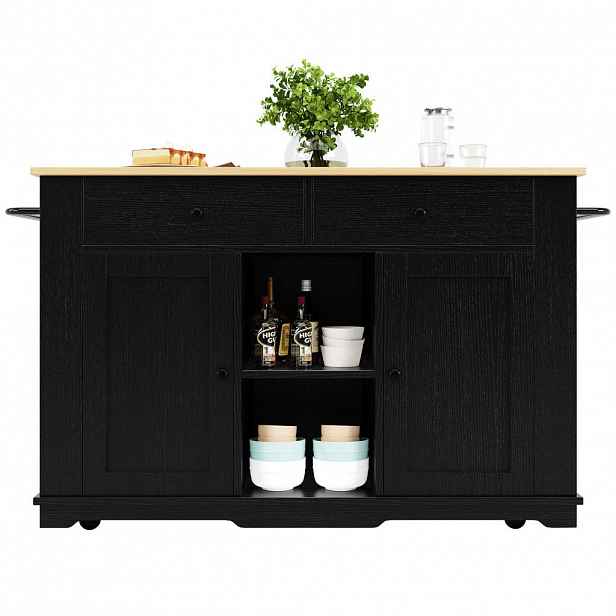 OKWISH KUCHYŇSKÝ ostrůvek 151,5/59,7/91,7 cm černý a přírodní z MDF a kovu se zásuvkami a skládací deskou