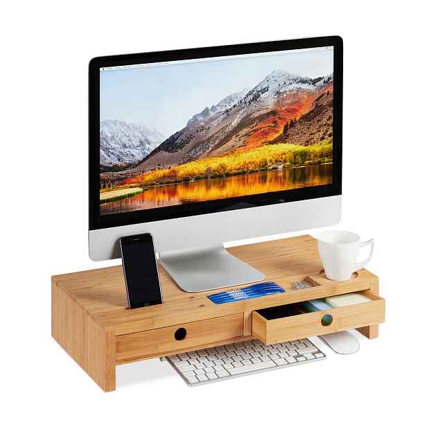 Relaxdays STOJAN NA MONITOR Přírodní Bambus 2 zásuvky 12x56x27 cm