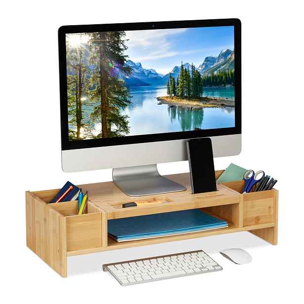 Relaxdays STOJAN na monitor Přírodní bambus s přihrádkami 62,5x28 cm