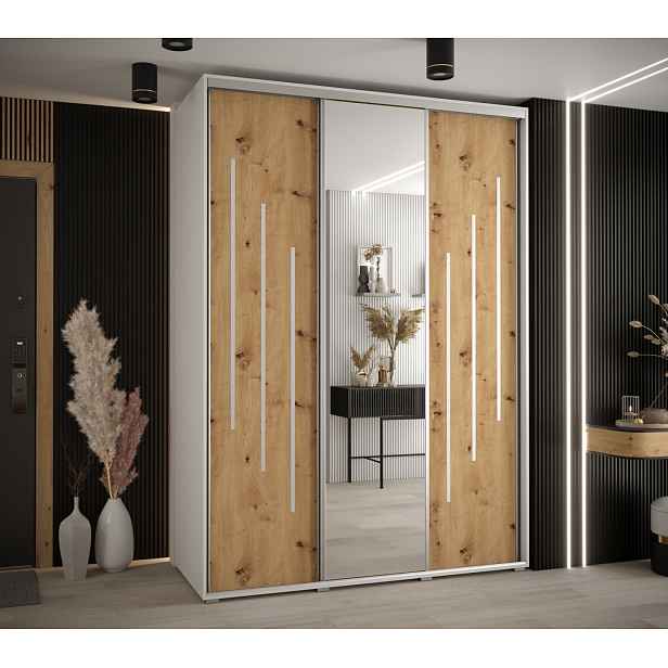 Šatní skříň YVONA 9 - 180/60 cm, bílá / dub artisan / stříbrná