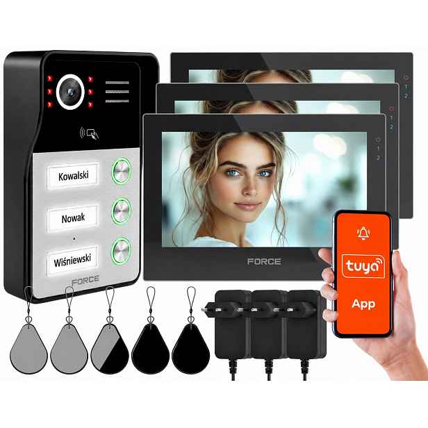 Videodomofon Force Prima Gt+ Trio 3x Monitor 7" Klíčenky WiFi Tuya Aplikace
