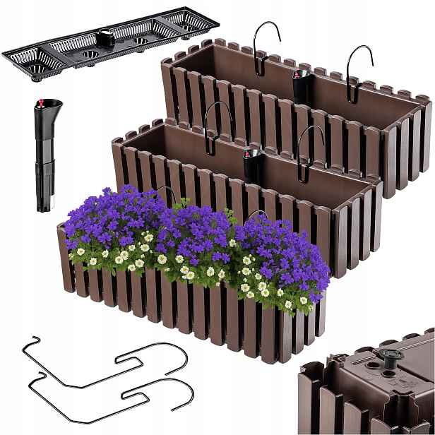 3x Balkonový Truhlík Květináč 60 cm Květináč S Úchytkami Závěsný Hnědý
