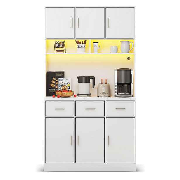 EVRYAE BUFFET Moderní LED vysoká skříň se zásuvkou, USB, pracovní deskou 180 cm, úložný prostor MDF