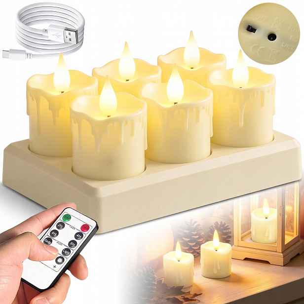 Led Čajové Svíčky Bezplamenné Nabíjení Usb Sada 6 Ks S Dálkovým Ovládáním