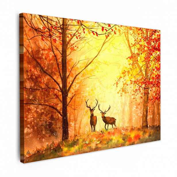 MuchoWow OBRAZ NA PLÁTNĚ Příroda - Olejové barvy - Jelen - Zvířata - Podzim - Oranžová 40x30 cm