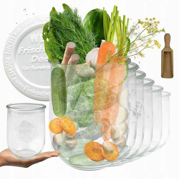 Sklenice Weck 1062 ml 1 l Tulip mouka rýže těstoviny plastové víko Odměrka 6 Ks