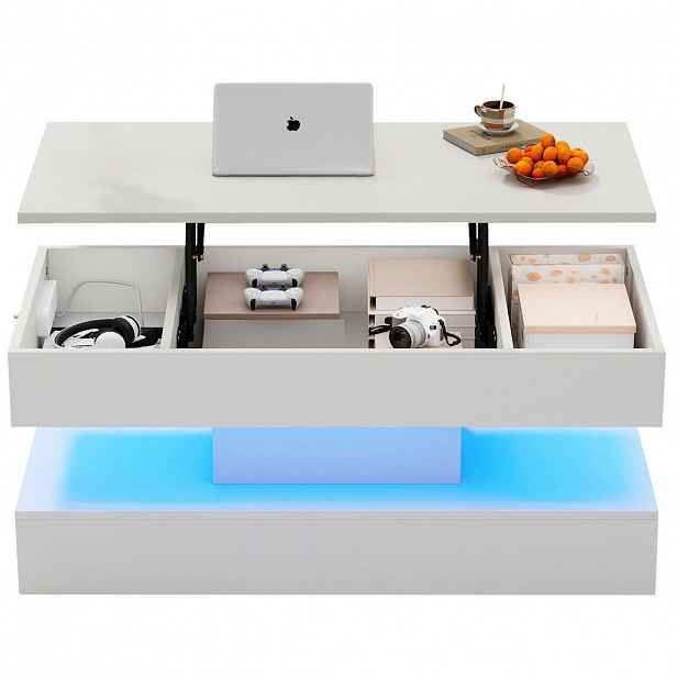 OKWISH KONFERENČNÍ stolek 100/50/42 cm bílý z dřevotřísky s LED osvětlením a výškově nastavitelnou deskou
