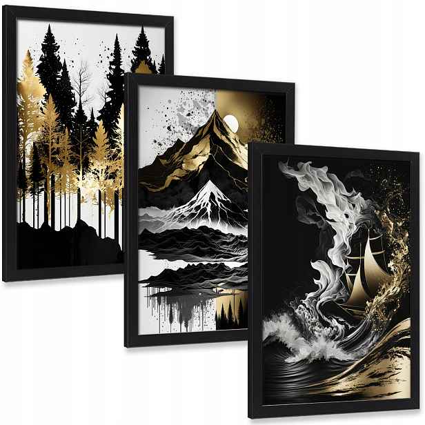 Zlaté obrazy Les Hory Moře sada tří kusů v rámečku na zeď 40x30 cm