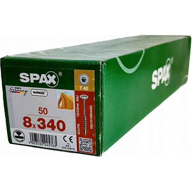 Šrouby pro dřevěné konstrukce 8x340 mm Spax Wirox Talířová hlava 50 Ks