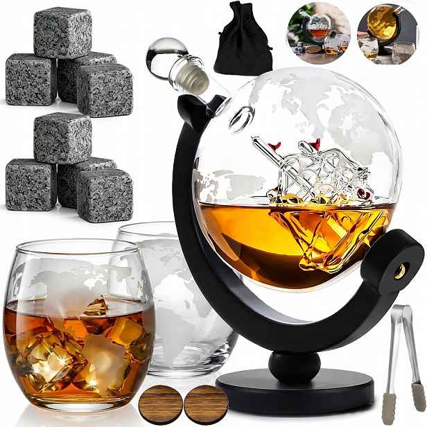 Karafa Na Whisky Dárek Sada 2 Sklenice Skleněná Lahvička Globus Kostky
