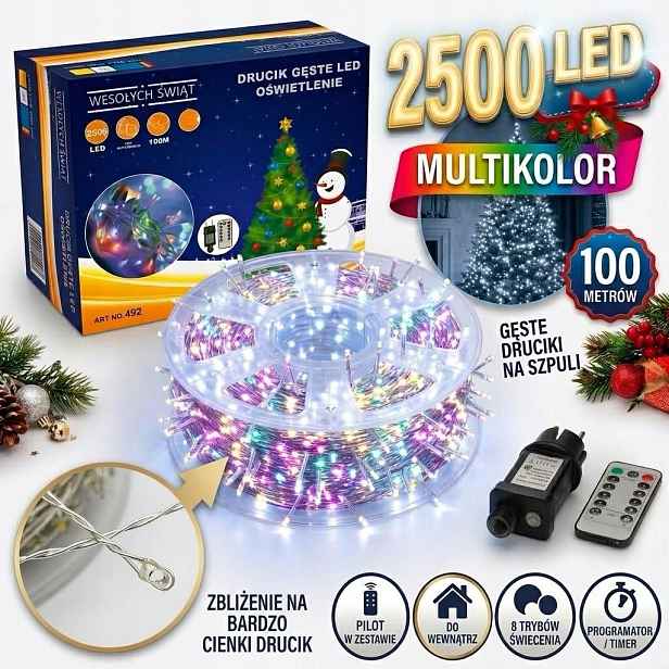 Vánoční Osvětlení Na Stromeček Husté Drátky 2500 Led 100 m Pilot Multicolor Na Cívce