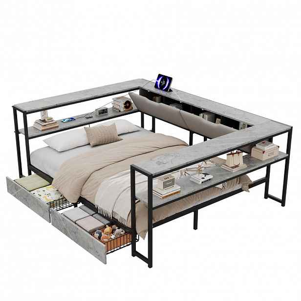 FLIEKS DAYBED 140x200 Beton USB-C Zásuvky Úložný Prostor