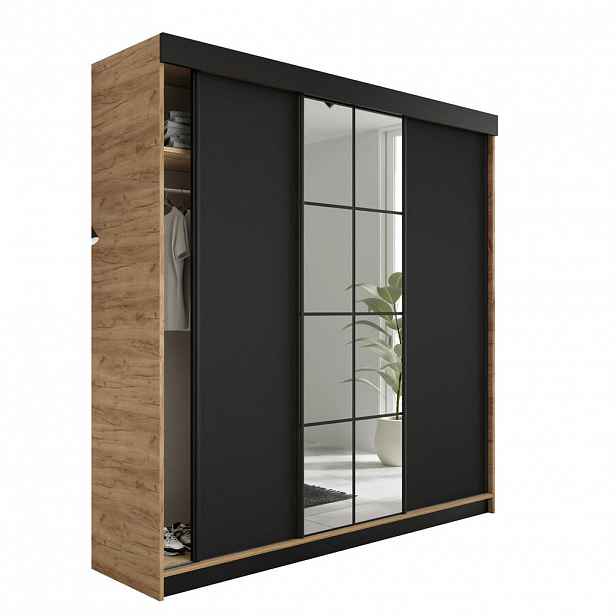 Kier Furniture POSUVNÁ ŠATNÍ SKŘÍŇ LAMARO - 250x205x59cm - Dub Craft & Černá