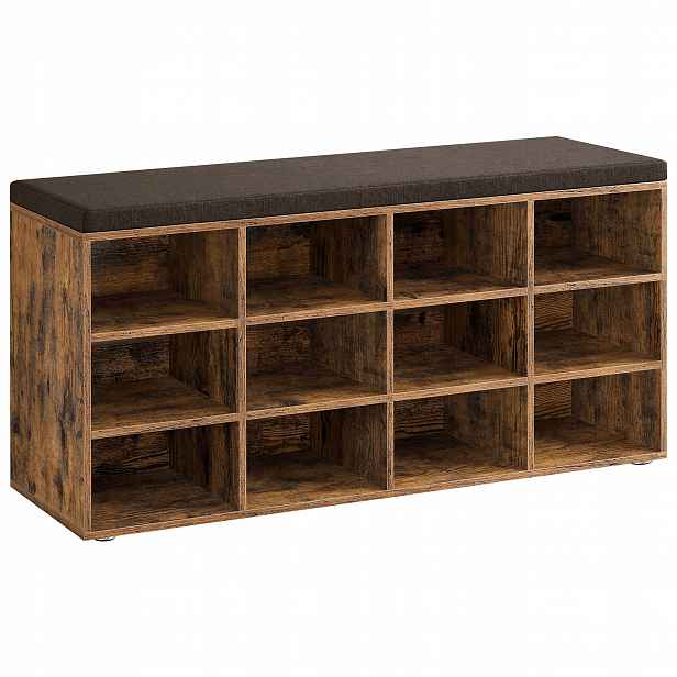 Prostorná botník se sedákem, 12 polic, rustikální hnědý loft, 104 cm