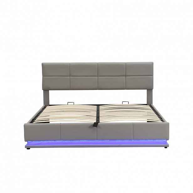 FLIEKS ČALOUNĚNÁ POSTEL 180x200 Světle Šedá PU LED Hydraulika