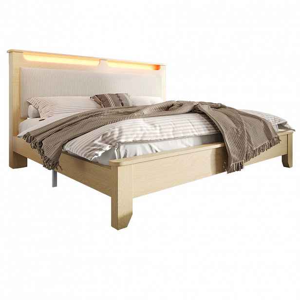 Redom ČALOUNĚNÁ postel 160/200 cm s LED osvětlením, úložným prostorem a čalouněným čelem, Dub světlý / Béžová