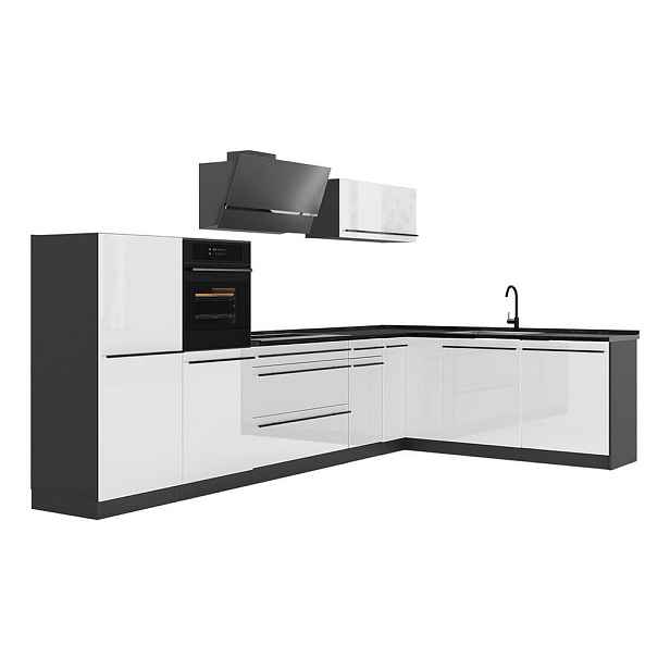 Vicco ROHOVÁ KUCHYŇ R-Line, Bílá vysoký lesk/Antracit, 347 x cm pracovná doska antracitová