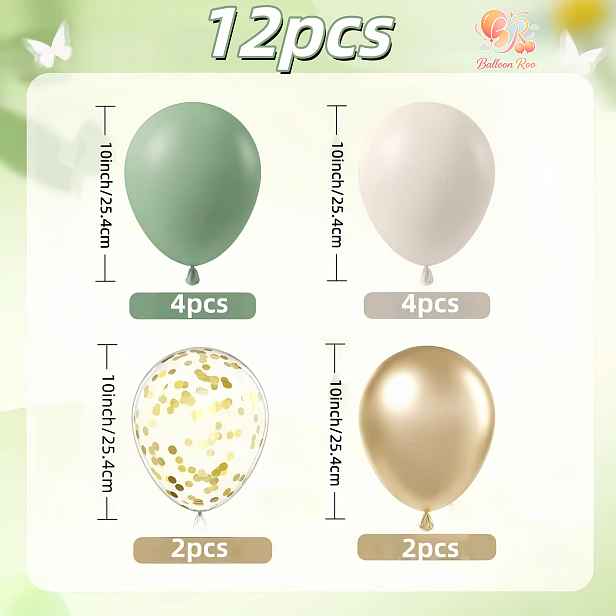 TEMU 12ks BALLOON ROO Retro Bohémské Balónkové Dekorace - Avokádově Zelené, Pískově Bílé & Zlaté Latexové Balónky Vhodné pro Svatby, Narozeniny,