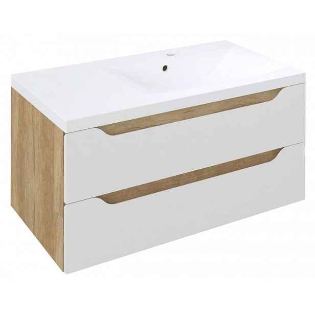 Sapho Wave - Umyvadlová skříňka 90x45x48 cm, 2x zásuvka, pravá, bílá/dub alabama WA093-3022